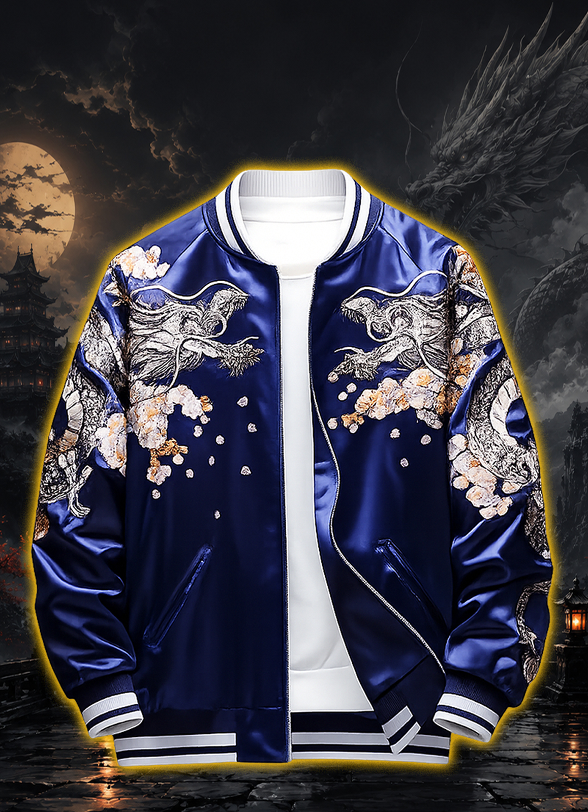 Front view of navy blue embroidered sukajan jacket with dragons and cherry blossoms